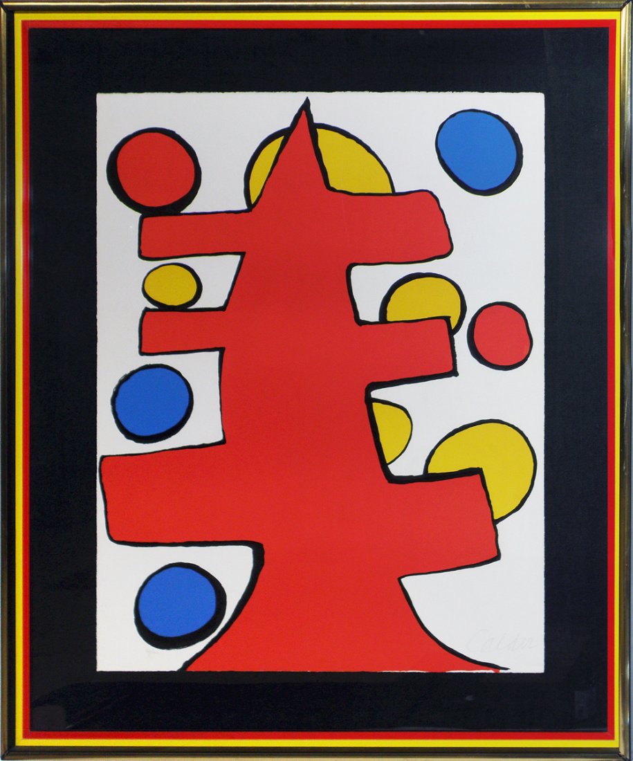 RED TREE #92 OF 100 BY ALEXANDER CALDER: Limited edition print originally untitled but usually called "Red Tree" signed lower right by Calder. Comes with original certificate. Sight size: 30.5 "X 23". Size: 40" X 32 1/2"