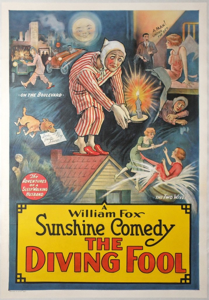 SILENT FILM POSTER "THE DIVING FOOL": Linen mounted 1924 stone litho one sheet for a William Fox, Sunshine Comedy. Poster features wonderful comedic images. Scattered light restoration. Size: 41" X 28 1/4"