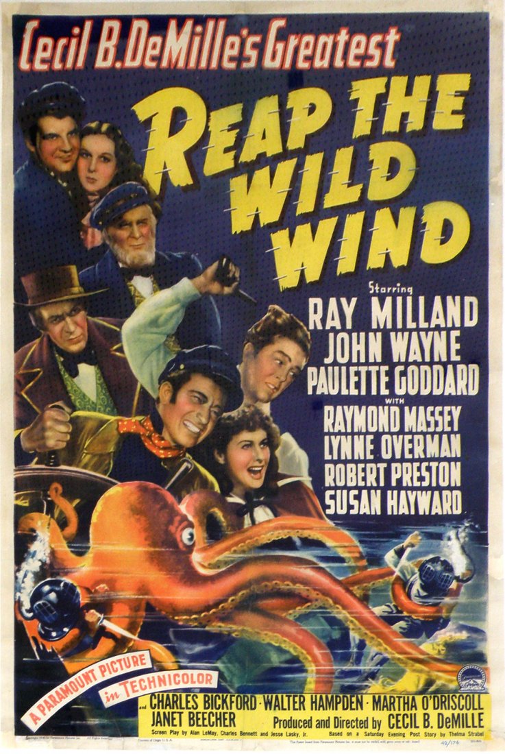 "REAP THE WILD WIND" MOVE POSTER: Linen mounted one sheet for the 1942 Cecil B. DeMille movie starring Ray Milland, John Wayne and Paulette Goddard. Great color poster has some scattered restoration mostly to borders. Size: 40 1/2" X 