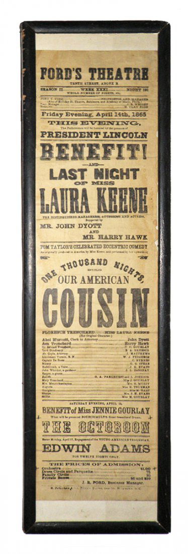 1865 FORD'S THEATRE PLAY BILL: Printed right after President Lincoln's assassination as a souvenir item. Size: 21 1/2" X 6 1/2"