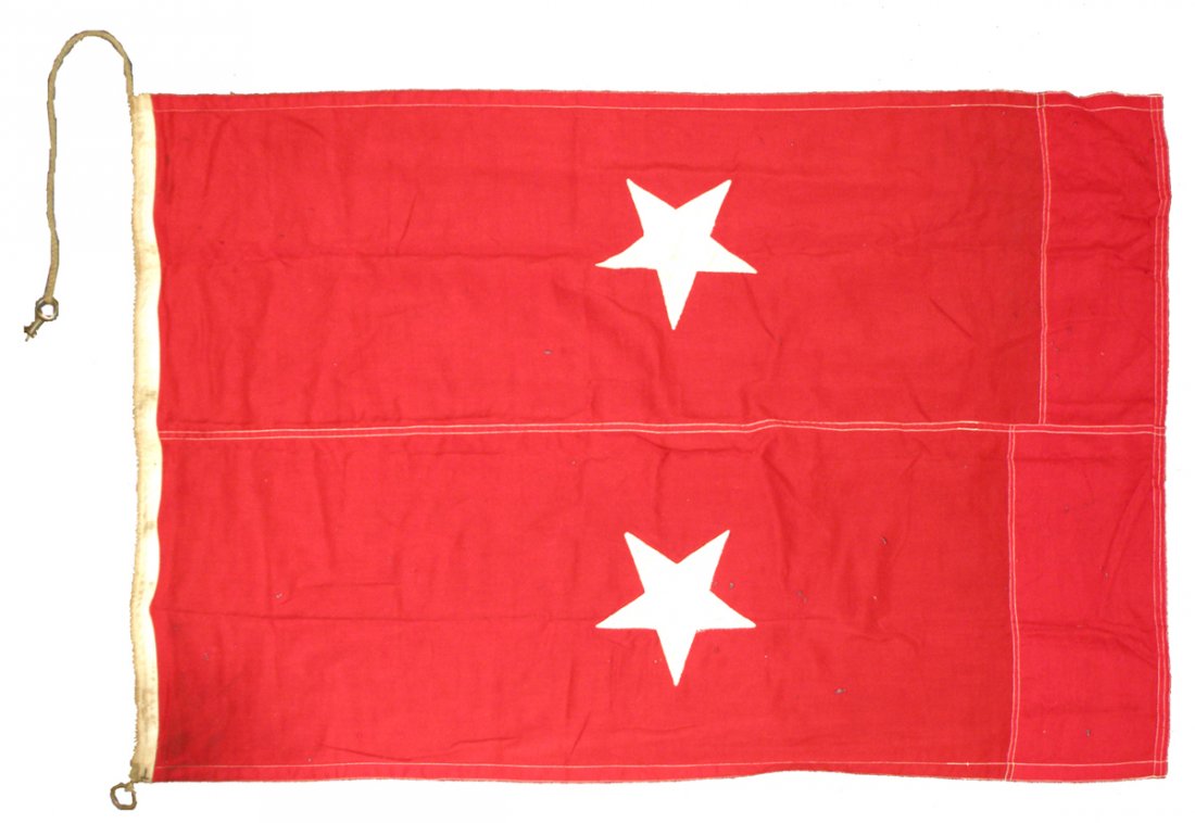 U.S. NAVY REAR ADMIRAL RANK FLAG: Probably late 19th Century. First subordinate flag made of wool. Scattered moth holes to background. Contains original rope and brass fittings. Size: 39" X 61"