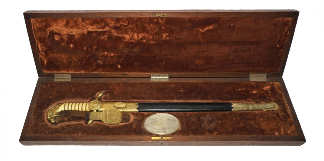 EAGLE HEAD PRESENTATION SWORD IN CARVED OAK CASE: Beautiful sword made by Carl Eikhorn Germany. Presented on May 24, 1949 from Lt. General Gilberto R. Limon, Mexican Secretary of National Defense to the West Point Military Academy's museum. Decorativ