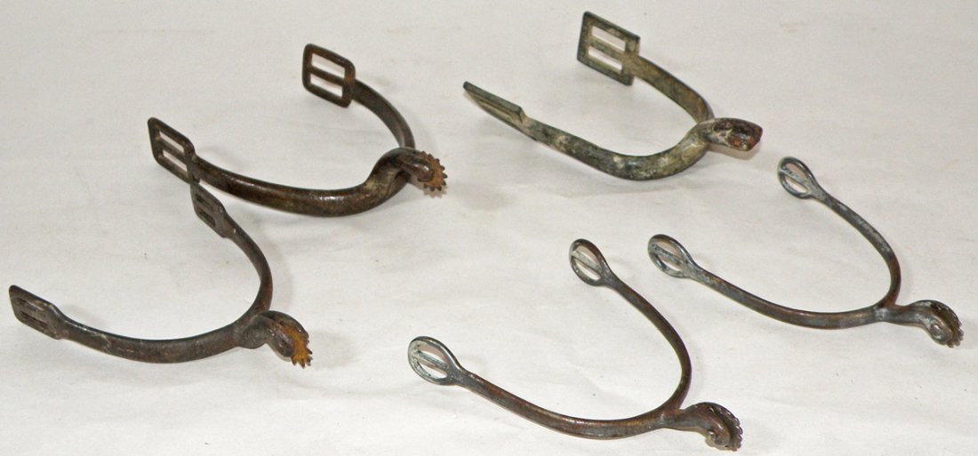FIVE 19TH CENTURY SPURS: Military and Civilian style. Brass and iron. Size: Varies