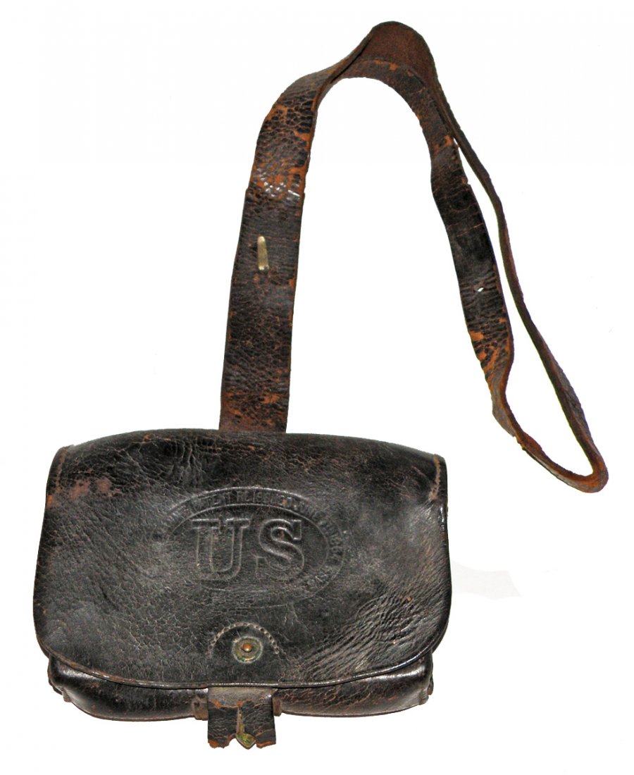 CIVIL WAR MANNS CARTRIDGE BOX: Patent 1864. Missing tin insert, torn enclosure tongue Size: 6 3/4" X 5 1/2"