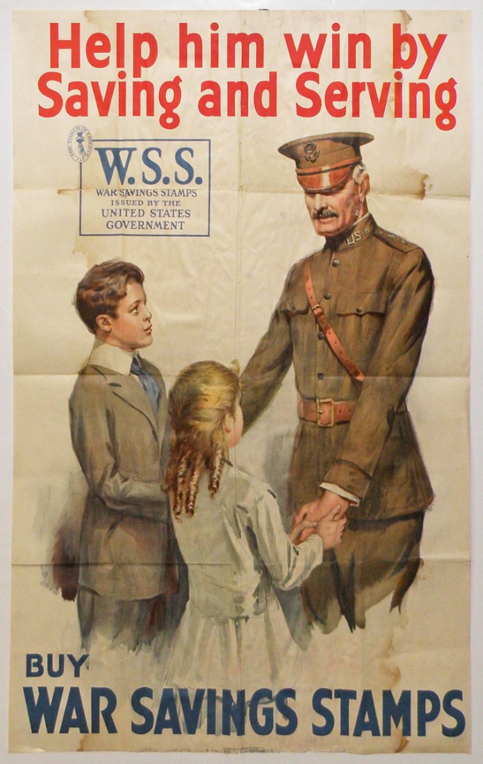 WWI WAR SAVINGS STAMPS POSTER: Dated 1918 by the American Litho Graphic Co. Features an image of Black Jack Pershing with two children. Edged tears. Wear to fold lines. Some scattered light stain. Unmounted. Size: 29 1/2" X 20"