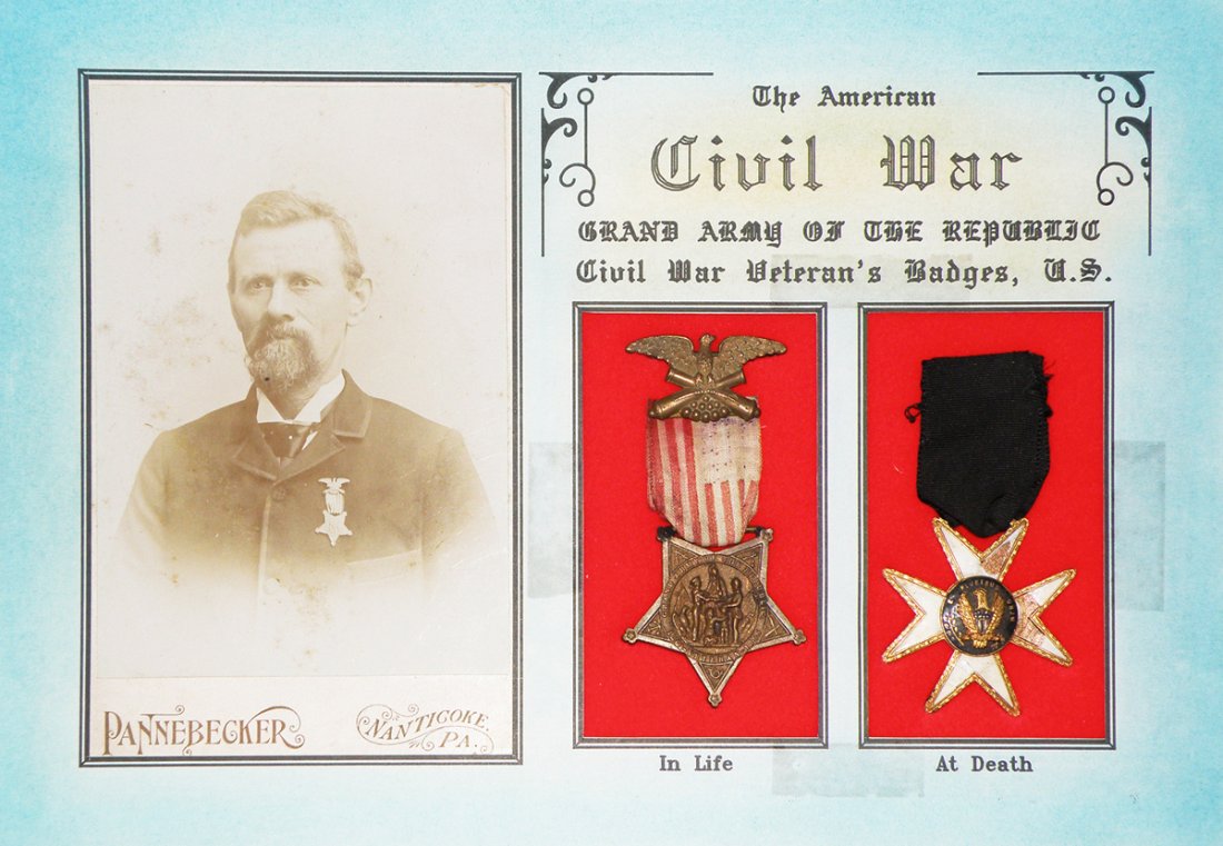 TWO GAR MEDALS AND CABINET CARD: Cabinet card with image of GAR Veteran. Photo by Pannebecker Nanticoke, PA. Includes GAR medal issued during members life and one issued at members death. Living GAR medal has repair to cross bar. The