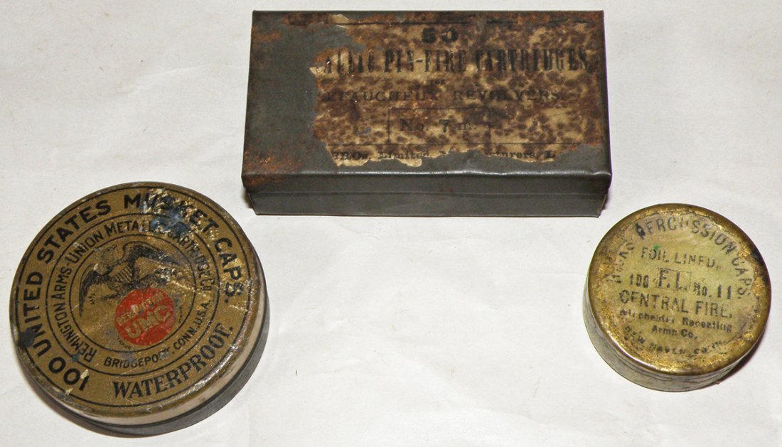 THREE CIVIL WAR ERA PERCUSSION CAPS AND BULLETS: Includes partial box of le Facheux 7mm pin fire bullets, partial tin of Winchester percussion caps and a near full tin of Remington Percussion Musket caps. Size: Varies