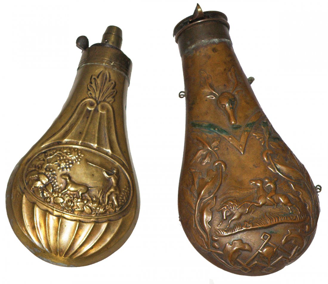 19th CENTURY POWDER FLASK: One with Indian buffalo hunt, dents, non-working spring and missing spout. Second is a hunter and a dog with missing loops and slight seam split. Size: Largest: 7" long