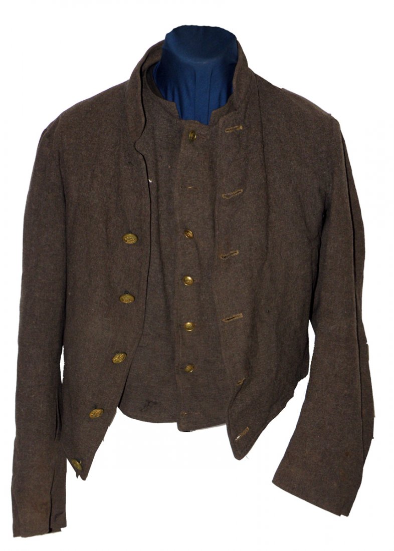 CONFEDERATE UCV JACKET AND VEST: Jacket has four Pennsylvania State buttons and one CSA button with back mark. Vest has seven CSA buttons with no back marks. Jacket and vest are lined. Button holes on jacket are hand stitched. Lining