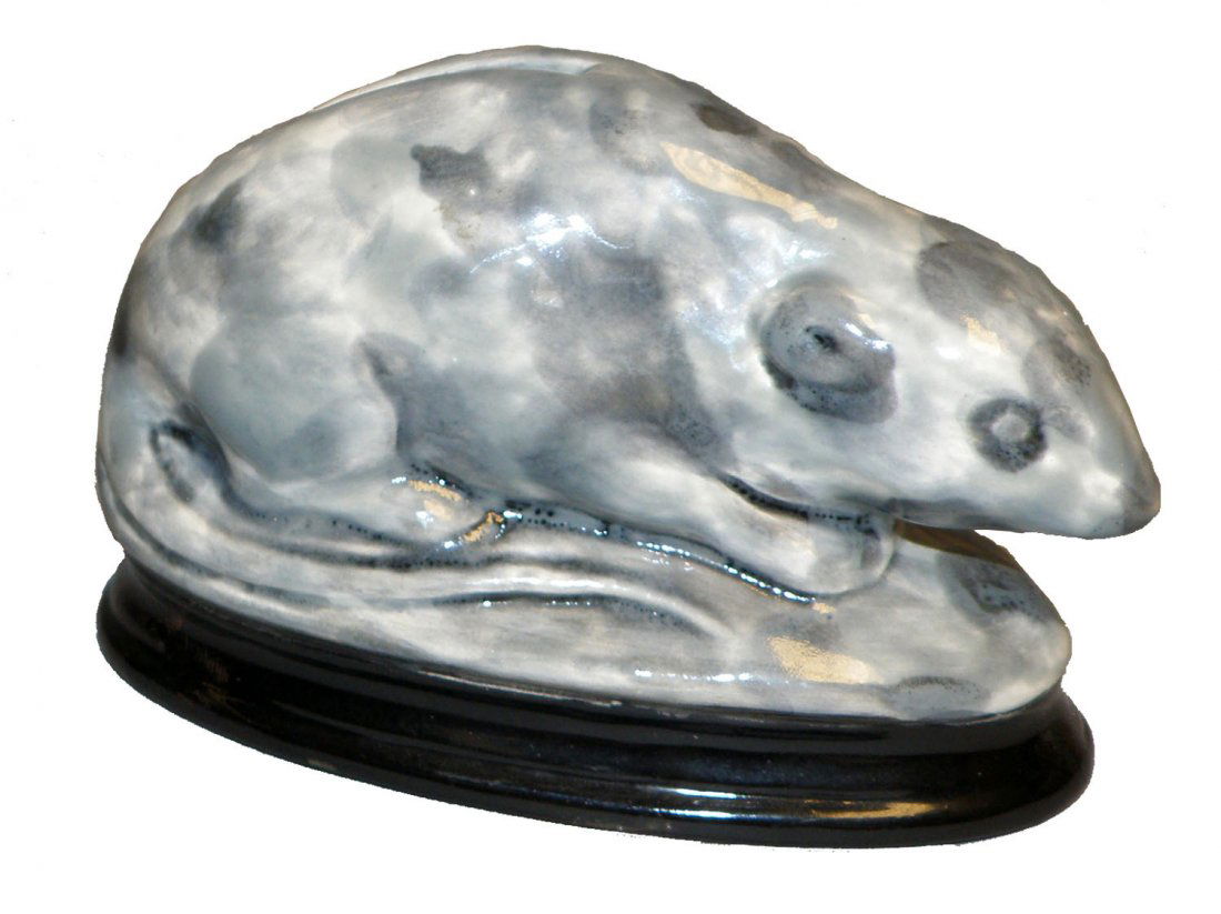 RAT ON BASE CERAMIC STILL BANK: Unusual color variation, made in France C-1910, glazed redware. Ref. One Hundred Years of Ceramic Money Banks, by Beth Baddeley Huebner, Vol. 2, Plate 741, Rarity E. Size: 5" long, 3-1/4" tall