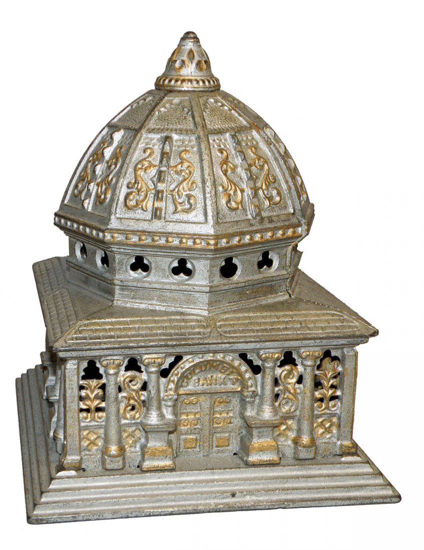 COLUMBIA BANK BUILDING STILL BANK: Cast iron bank by Kenton Hardware, this is the largest size made. Bank is designed after the Adminstration building that was constructed for the 1893 Chicago World's Fair. Moores No. 1073. Very minor