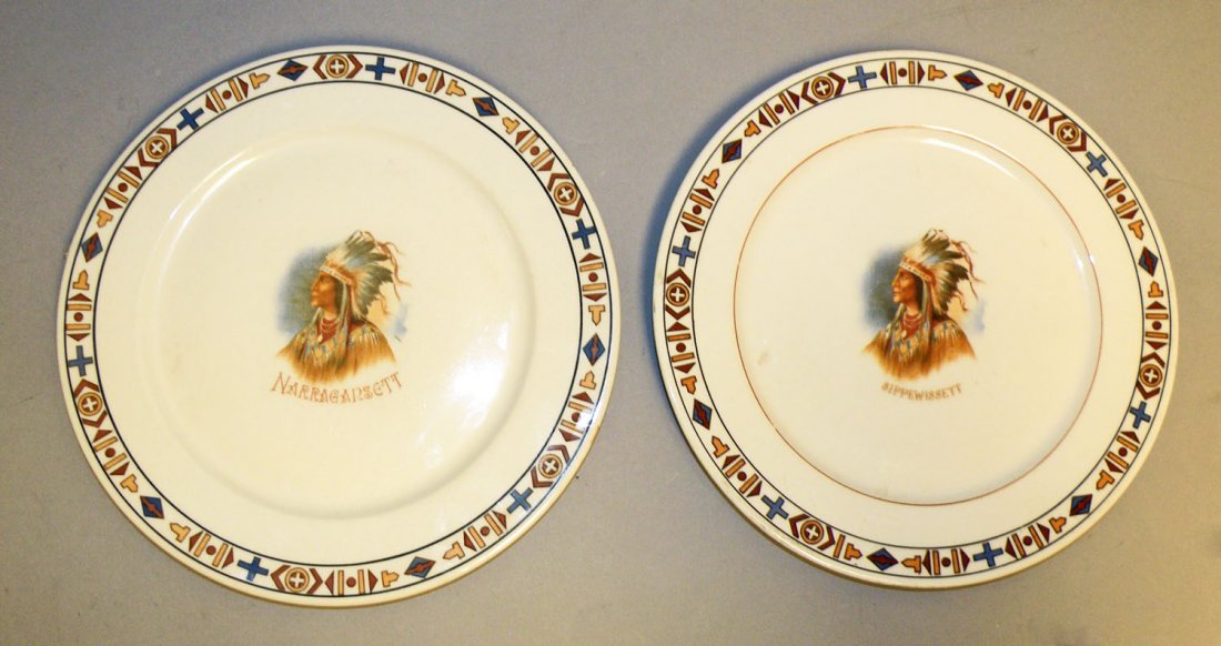 TWO INDIAN PLATES: Narragansett Tribe and Sippewissett Tribe. Plates were made by Mitchell Woodbury Co., Boston. Minor surface wear. Size: 9-3/4" diam.