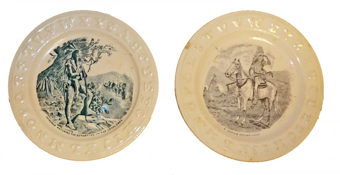 TWO ABC PLATES WITH INDIANS: Both plates made in England, one has image of Chinonca and the other of a Sioux Indian Chief. Size: Largest 7-1/4" diam.