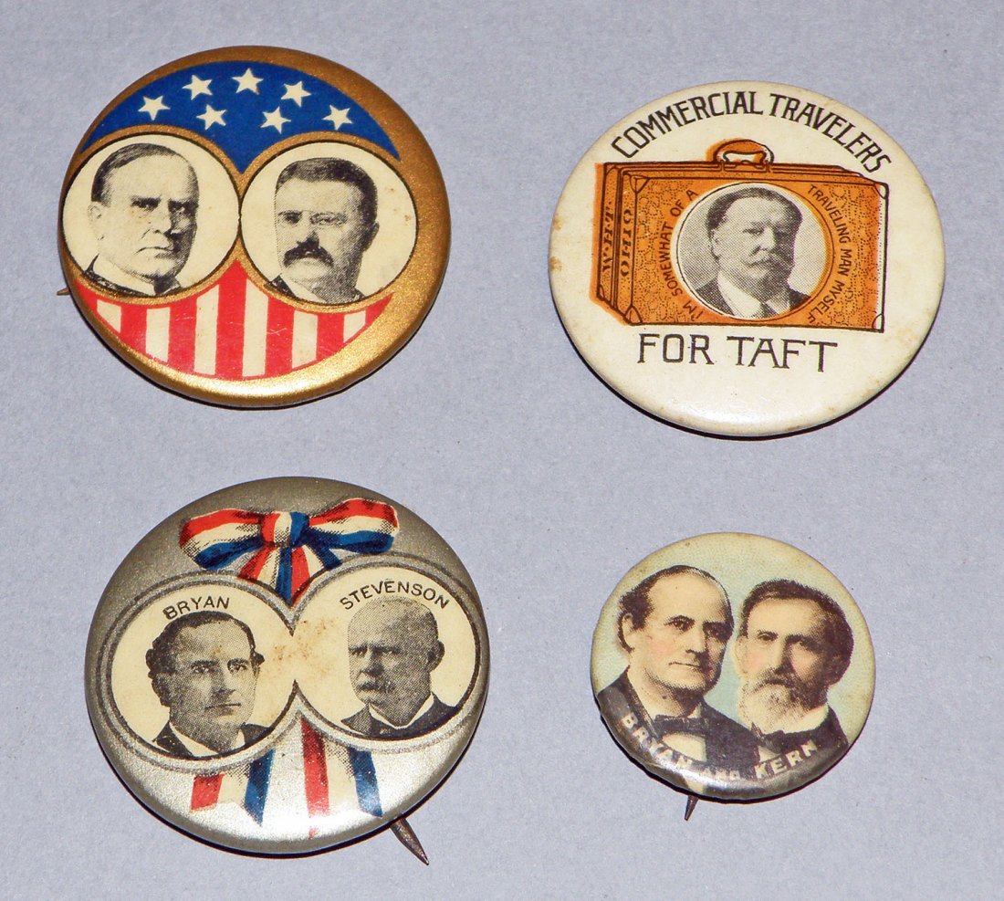 FOUR POLITICAL CAMPAGIN PINS: Brian Stevenson (Jugate), McKinley/Roosevelt (Jugate), Brian Kern (Jugate), and Commercial Travelers for Taft. All pins retain original paper inserts. Minor wear. Scarce Taft pinback has some light ed