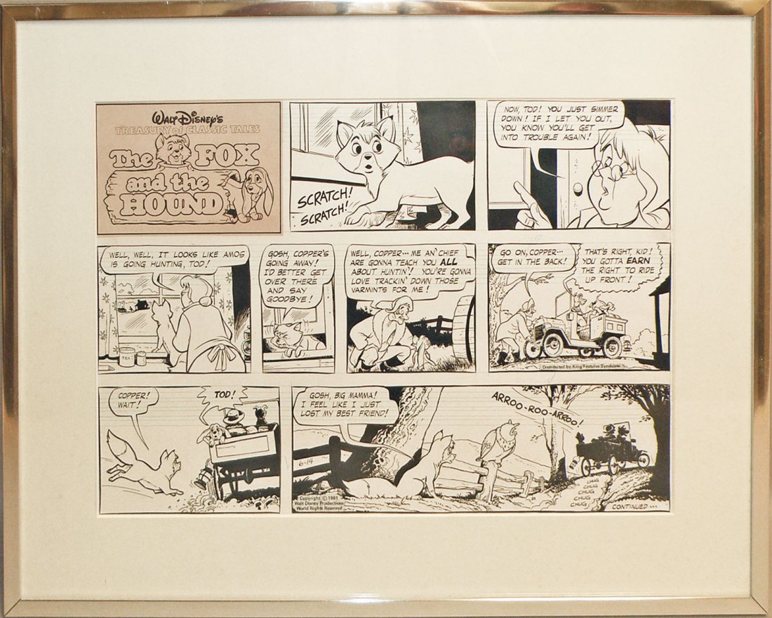 FOX AND THE HOUND ORIGINAL COMIC STRIP ART: Copyright 1981 Walt Disney Productions. Strip dated June 14. A Sunday strip prior to coloring. Strip is done in pen and ink with an applied title card. Wonderful graphics. Sight 21" x 14 1/8". Size: 2