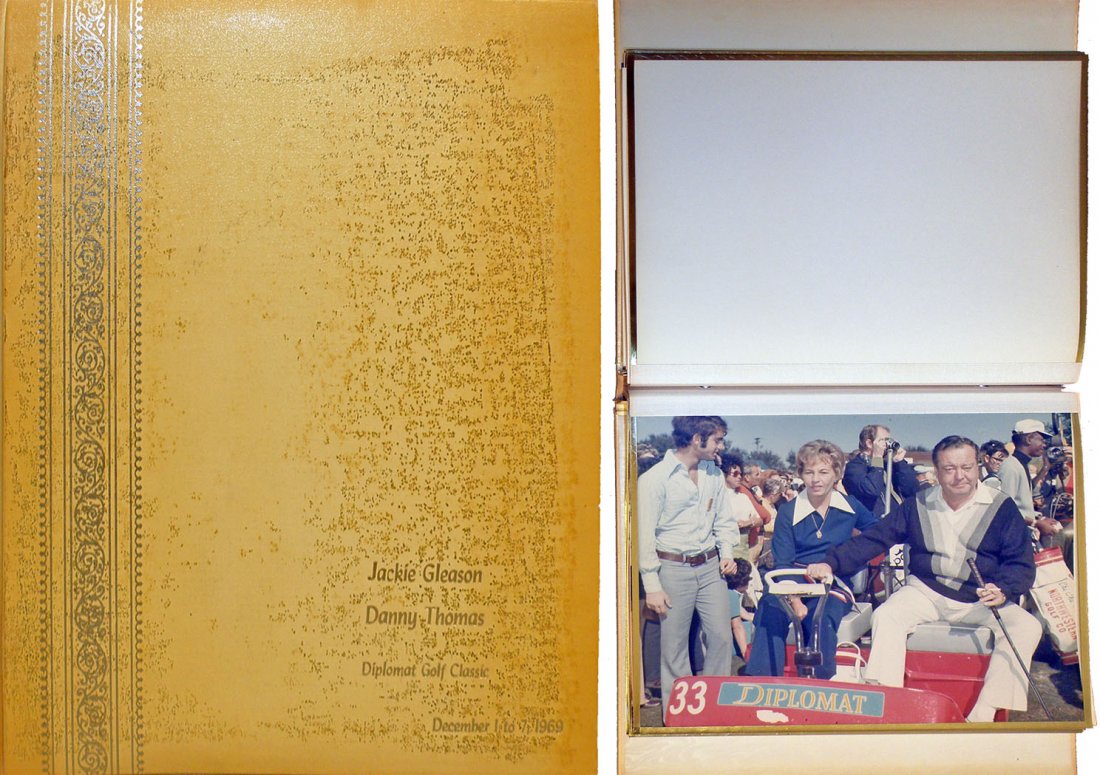 JACKIE GLEASON AND DANNY THOMAS DIPLOMAT GOLF CLAS: Album is dated December 1-7, 1969. Photos include Jackie, Bob Hope, Beverly, various Golf pros, and other celebrities. Size: 10-1/2" x 9-3/4"