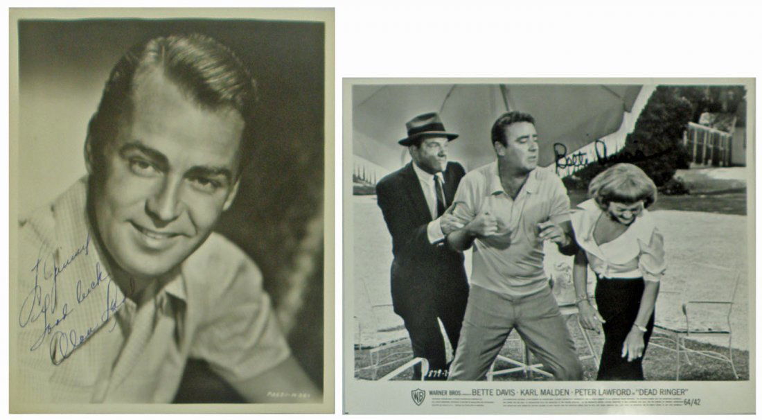 TWO AUTOGRAPHED PHOTOS; ALAN LADD AND BETTE DAVIS: Alan Ladd (1913-1964), starred in several films with Hollywood glamour star Veronica Lake, but was most well known as Shane. Bette Davis photo on a Warner Bros. movie still that also features Carl Mal