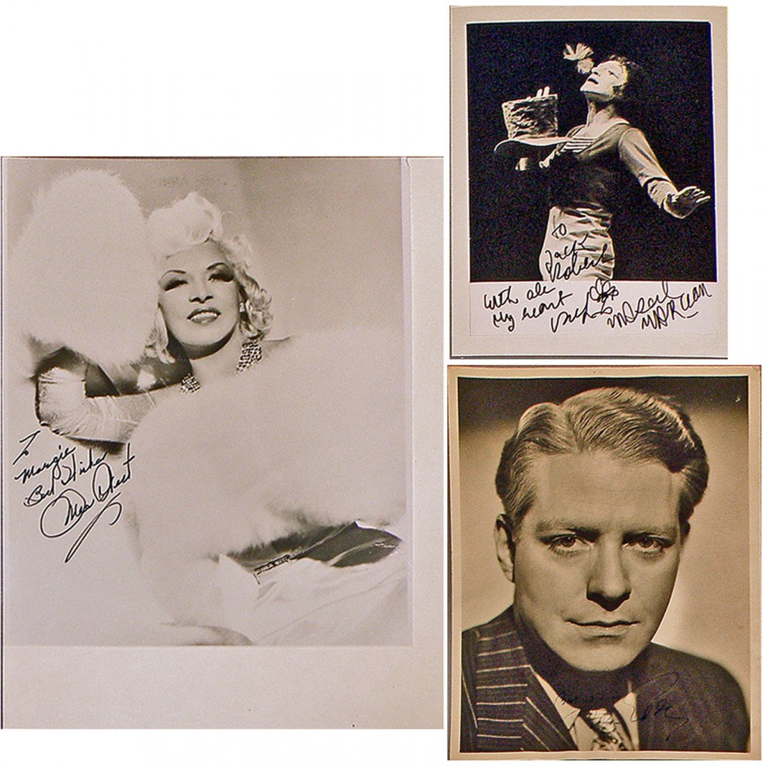THREE FAMOUS ENTERTAINER'S AUTOGRAPHED PHOTOS: Mae West, Nelson Eddie, and Marcel Marceau. Some slight fading, or possibly lightly signed, to Nelson Eddie's signature. Size: Largest 8" x 10"