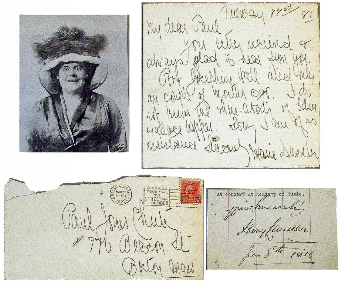 PAIR OF EARLY ENTERTAINMENT AUTOGRAPHS; MARIE DRES: Marie Dressler (1869-1934), early Vaudeville star. Max Senate hired her to star in his 1914 film "Tillie's Punctured Romance" with Charlie Chaplin. She had a very successful and popular career and in 