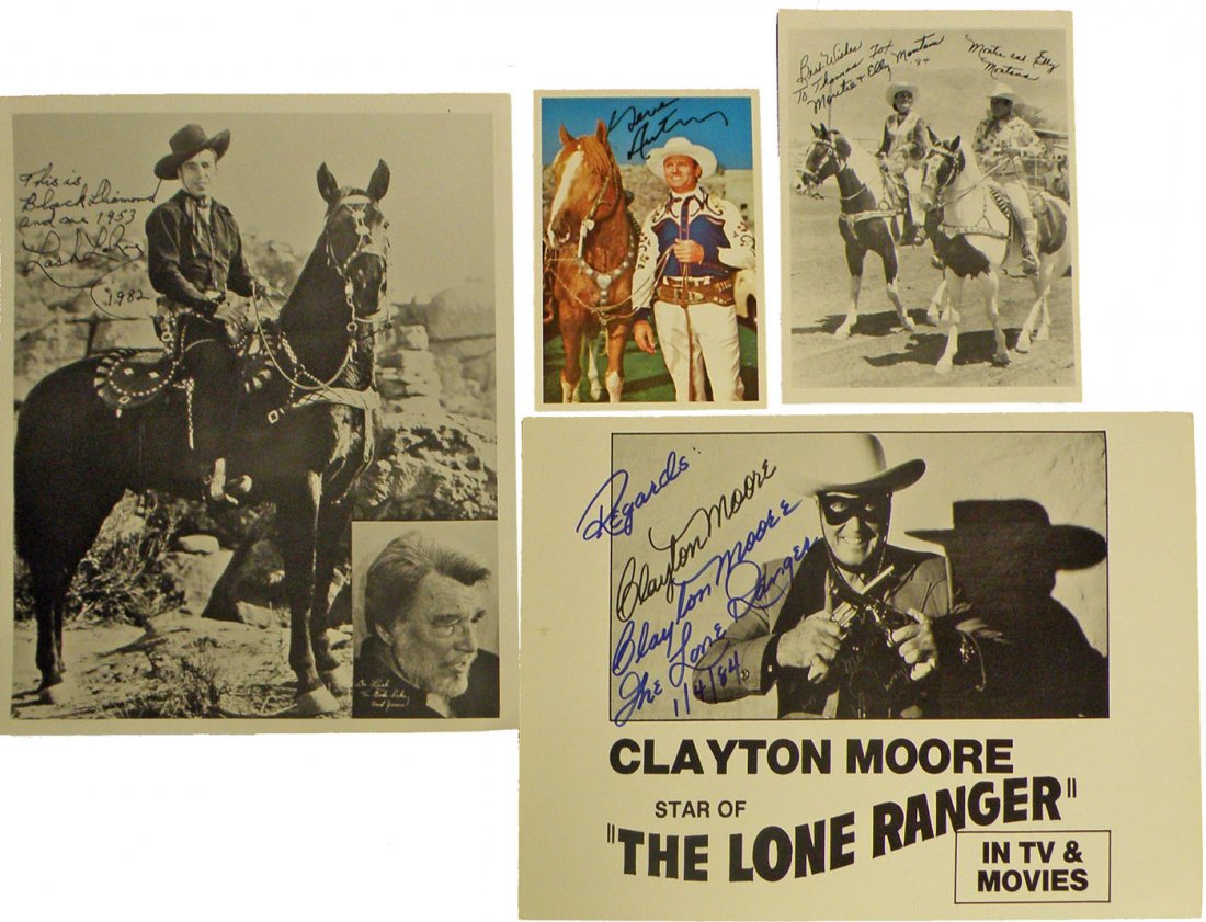 FOUR SIGNED WESTERN STARS PHOTOS: Gene Autry signed postcard, Monte and Ellie Montana signed photo, Clayton Moore (The Lone Ranger) signed photo, and a Lash LaRue signed photo. All signatures are stong and bold. Size: Largest 10 x 8 1