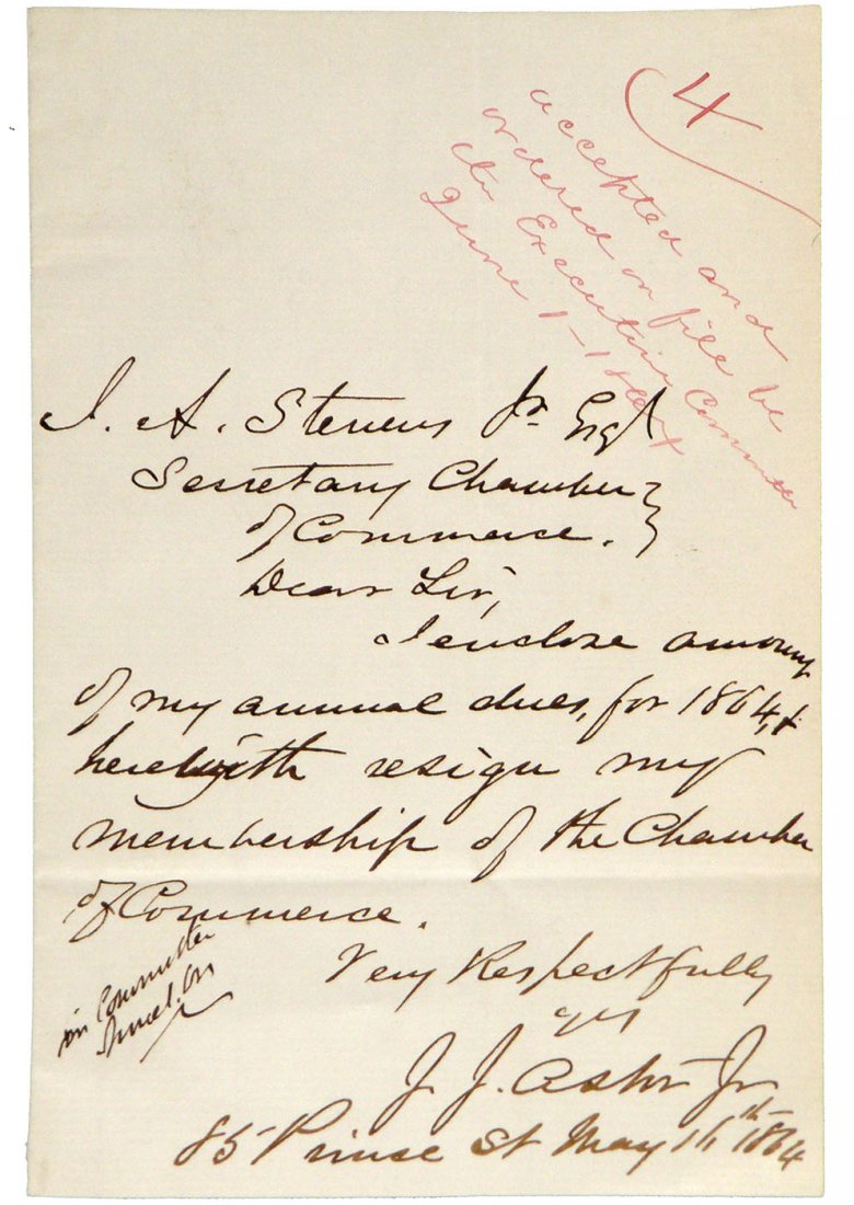 JOHN JACOB ASTOR III, ALS: Handwritten letter, May 11, 1864, to J.A. Stevens Jr. Chamber of Commerce about his dues and resignation from the Chamber of Commerce. Ink on rag laid paper. Astor (1822-1890), grandson of John Jacob 