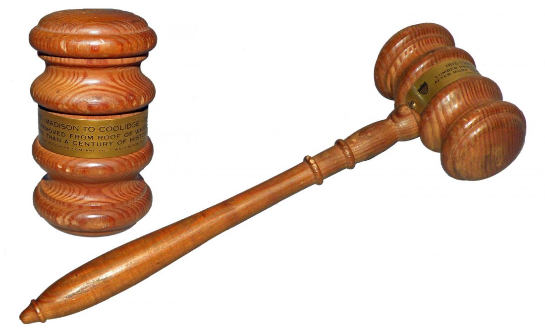1927 GAVEL FROM WHITE HOUSE ROOF: Original brass tag reads, "1815-Madison to Coolidge-1927/Lumber removed from roof of White House/After more than a century of historical use. Lank Woodwork Company Inc. Washington D.C." Very minor sur