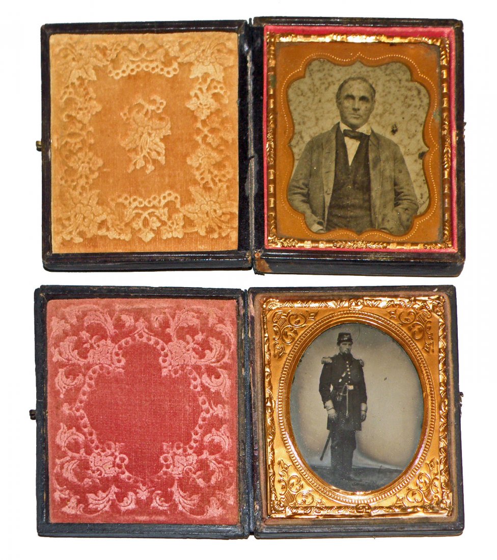 6TH PLATE CIVIL WAR TIN TYPE, SIDNEY LANGDON: Second Lt. New York Infantry. Cased tin type of Langdon in full uniform C-1862. Langdon served in Company C, 98th Regiment, New York Infantry. Langdon died June 19, 1863. Also comes with daguerreotype