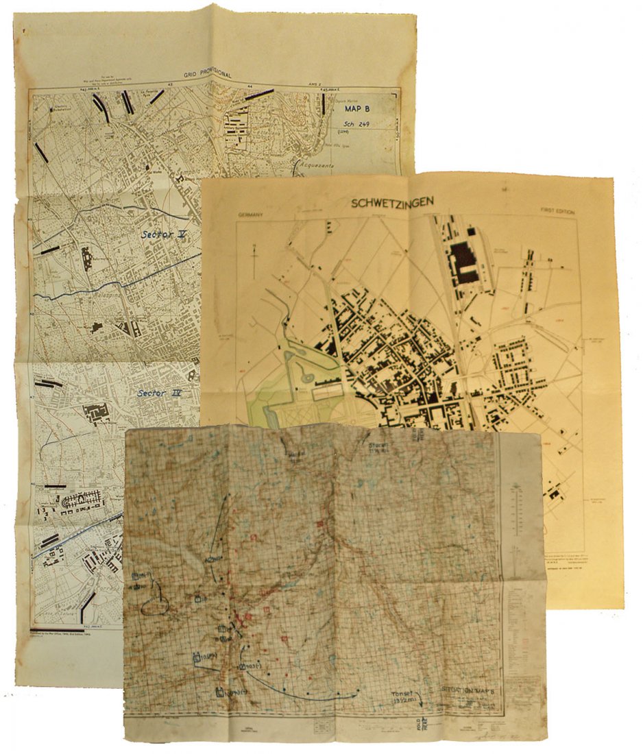 THREE WWII US ARMY AIR FORCE MAPS: Northern European training map Zone II, training map of Lucia, Italy, and a bombing map of Schwetzingen, German. Size: Varies