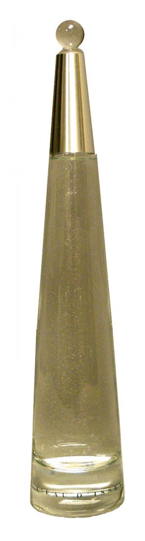 STORE DISPLAY PERFUME BOTTLE FROM MIYAKE: Conical bottle marked "Factice Dummy". Also marked on bottom "L'eau D'issey Parfume Issey Miyake". Retains original spun aluminum and glass lid. Size: 16-1/2" tall