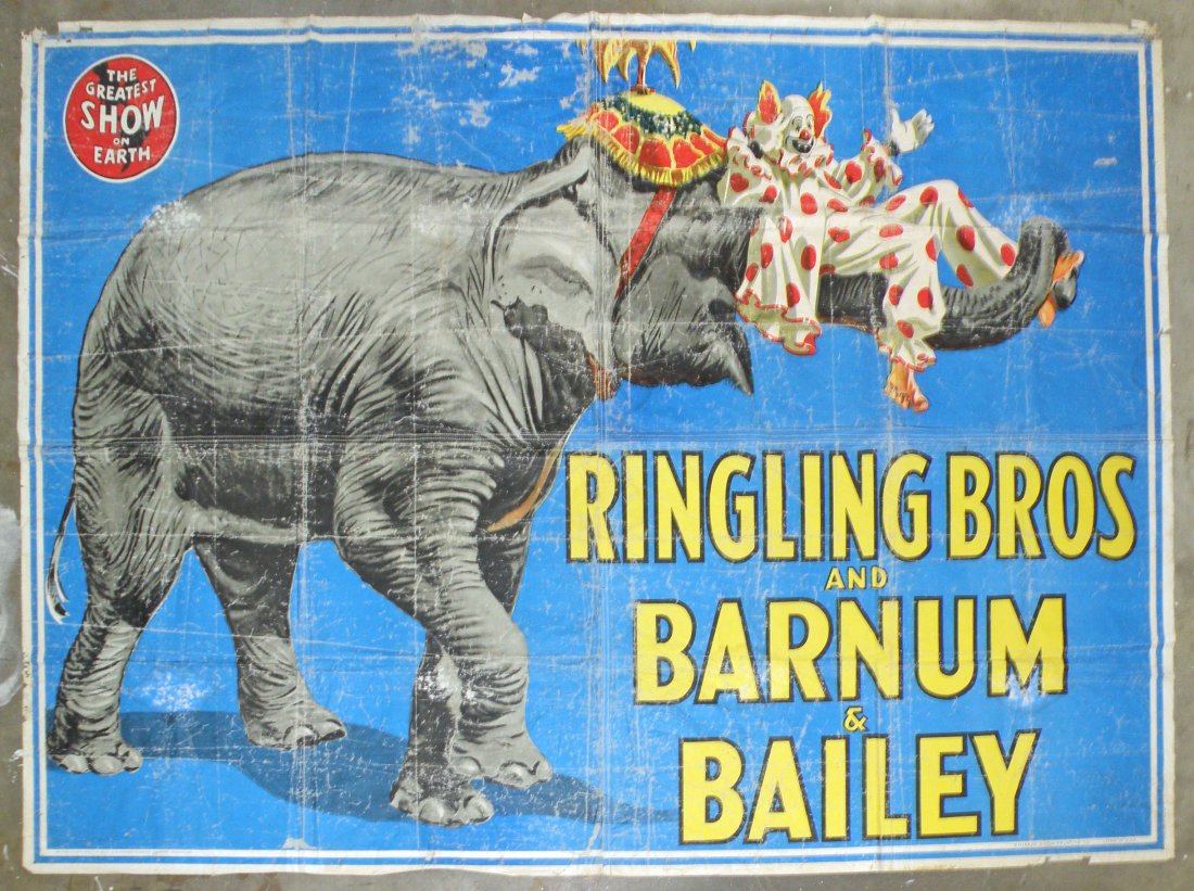 EIGHT SHEET CANVAS RINGLING BROS. AND BARNUM & BAI: Scarce large canvas poster with artwork by Bill Bailey, 1945. Printed by Chicago Show Printing Co. Some wear and fading to surface. Image displays well. Some edge tears and fold lines. Size: 116" long