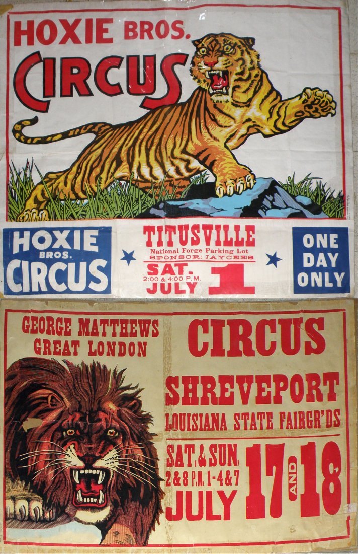 TWO ONE SHEET CIRCUS POSTERS: Unmounted posters with images of big cats. One is George Matthews Great London Circus and the other is Hoxie Bros. Circus with date tag. Both have edge damage and tears. Size: Largest 42" x 36"