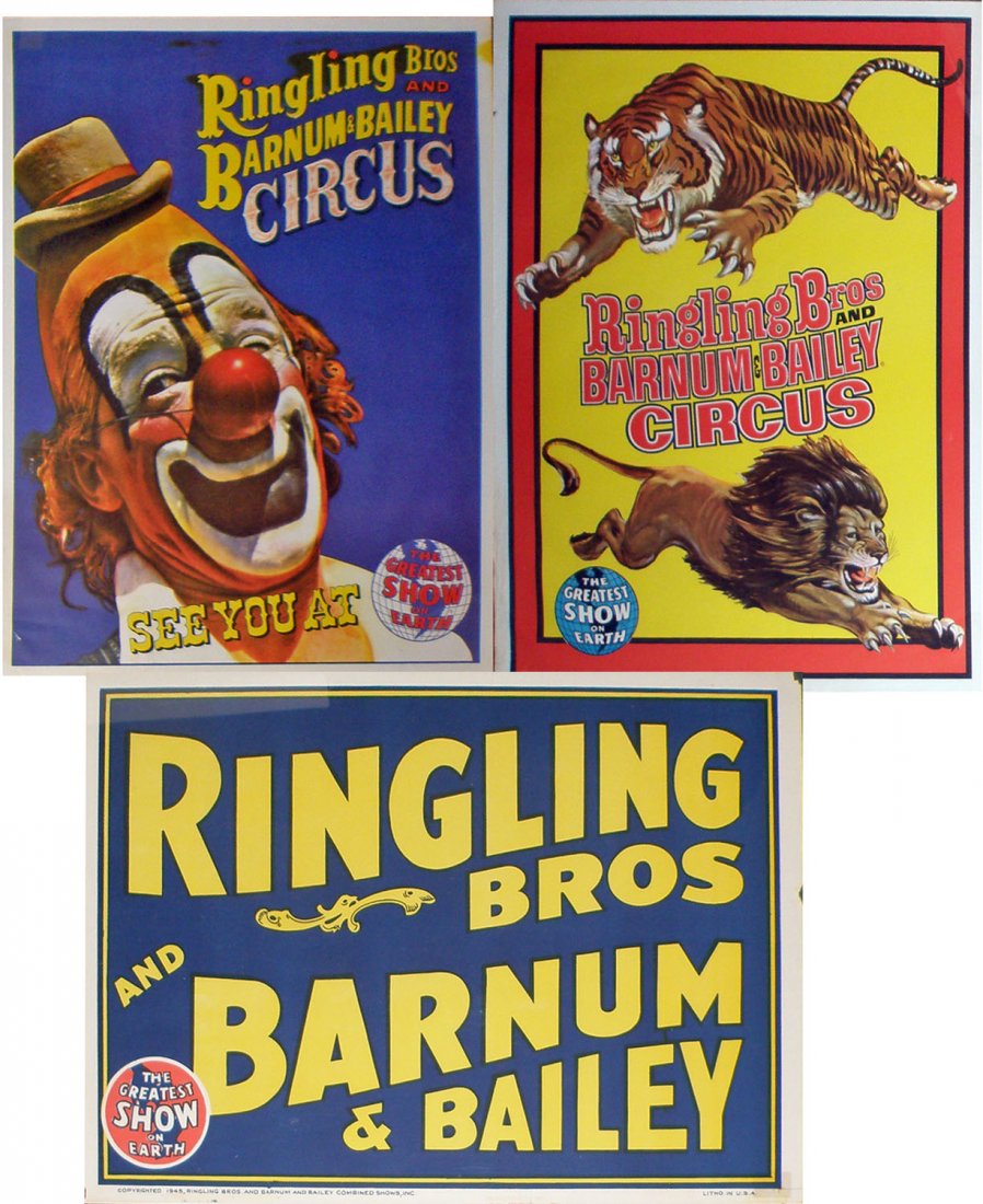 THREE RINGLING BROS. AND BARNUM & BAILEY HALF SHEE: Lou Jacobs and Lion and Tiger poster are undated but 1960s. Advance poster is from 1945. Minor edge wear and chipping to text poster. Size: 28" x 21"