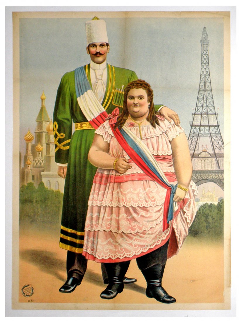 GIANT PISJACK AND FAT LADY SIDE SHOW POSTER: C-1890 linen mounted poster by Adolf Friedlander features an image of the Russian Giant Pisjack and an unknown fat lady. Background image of Russian Orthodox Church and Eiffel Tower. Some restoration 