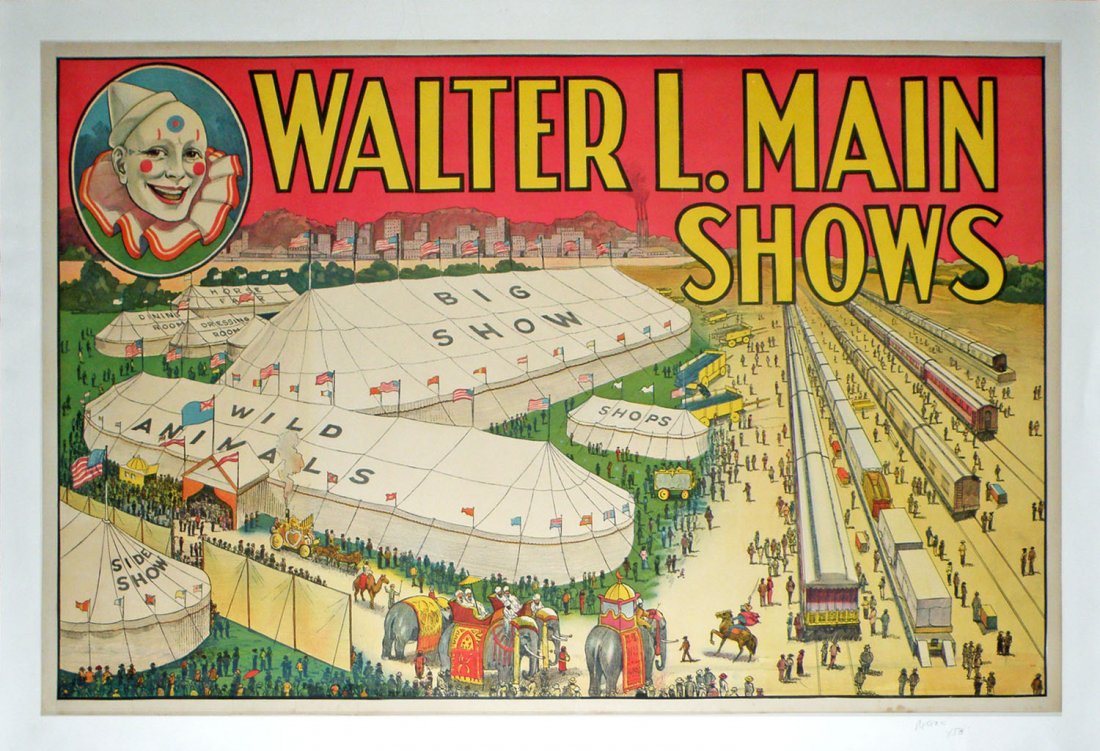 WALTER L. MAIN SHOWS CIRCUS POSTER: Scarce one sheet featuring both the circus trains and tents of the Walter L. Main Show. Some restoration to upper border. Size: 41" x 27-1/4"