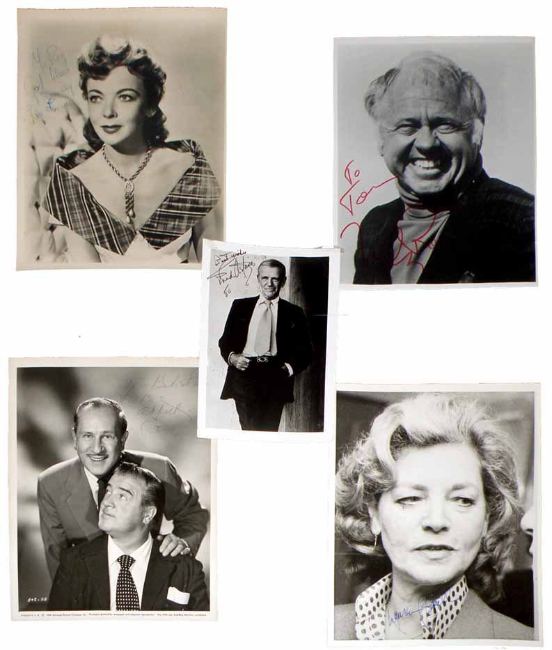 SIX HOLLYWOOD AUTOGRAPHED PHOTOS: All photos have genuine signatures. Include Lauren Bacall, Mickey Rooney, Fred Astaire, Abbott and Costello, Ida Lupino, and Gloria Holden. Some fading to Abbott and Costello. Size: Largest 8" x 10"