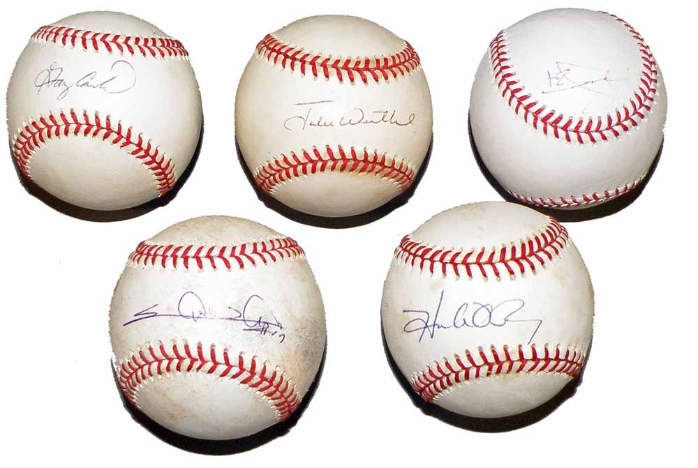 FIVE AUTOGRAPHED MAJOR LEAGUE BASEBALLS: All signatures are authentic on official major league balls. One ball appears game used. Size:
