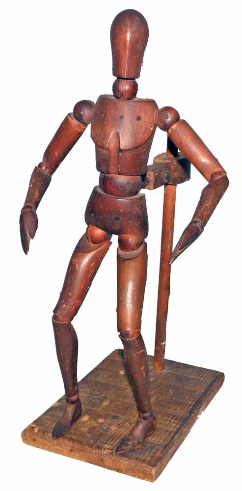 19TH CENTURY FRENCH ARTIST MANNEQUIN: Jointed wood artist model with ball socket body utilizing wood pin construction on original stand. Very difficult to find original artist models. Minor surface wear. Size: 15" tall