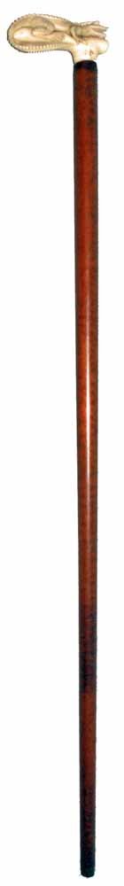 19TH CENTURY WALKING STICK WITH CARVED BONE HANDLE: Handle is finely carved, full image of a crocodile or alligator. Left front leg has old repair, but is complete. Cane missing ferrule. Provenance: Descended through the Scholes family of Connecticut.