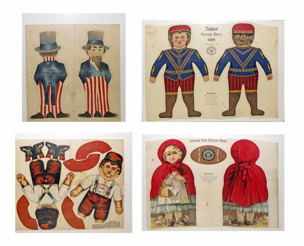 FOUR EARLY UNCUT CLOTH DOLLS: Includes Uncle Sam (by Ideal), Columbian sailor doll (Arnold Print Works), Ceresota flower doll (unmarked, probably Arnold), and Little Red Riding Hood (Arnold Print Works). Some scattered light brown
