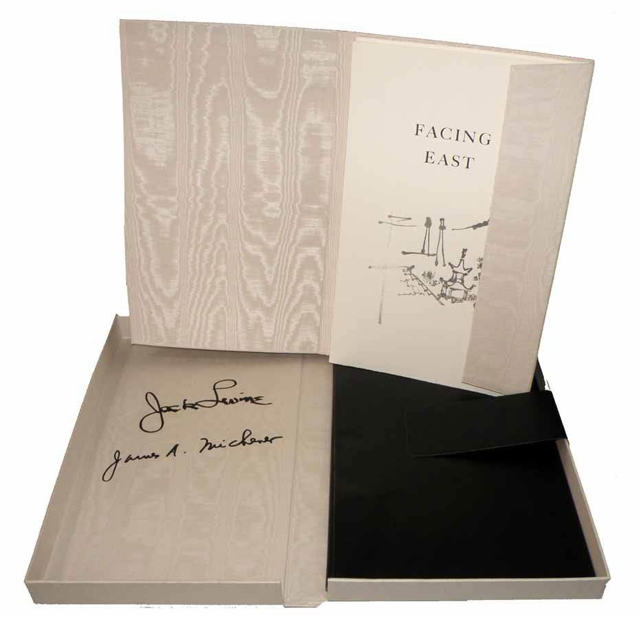BOXED ART FOLIO "FACING EAST": Complete folio, No. 1042 of 2500. Art by Jack Levine and text by James A. Michener. Interior of box and folio signed by both artist and author. Folio is complete and also comes with a number of extra