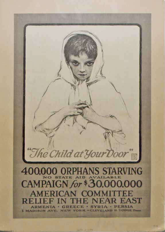 WORLD WAR I ORPHANS RELIEF POSTER: 1918 poster for orphans relief in the near east. Printed by the American Lithograph Company. Some paper damage to bottom-right center. Size: 23 1/2" x 16 3/4"