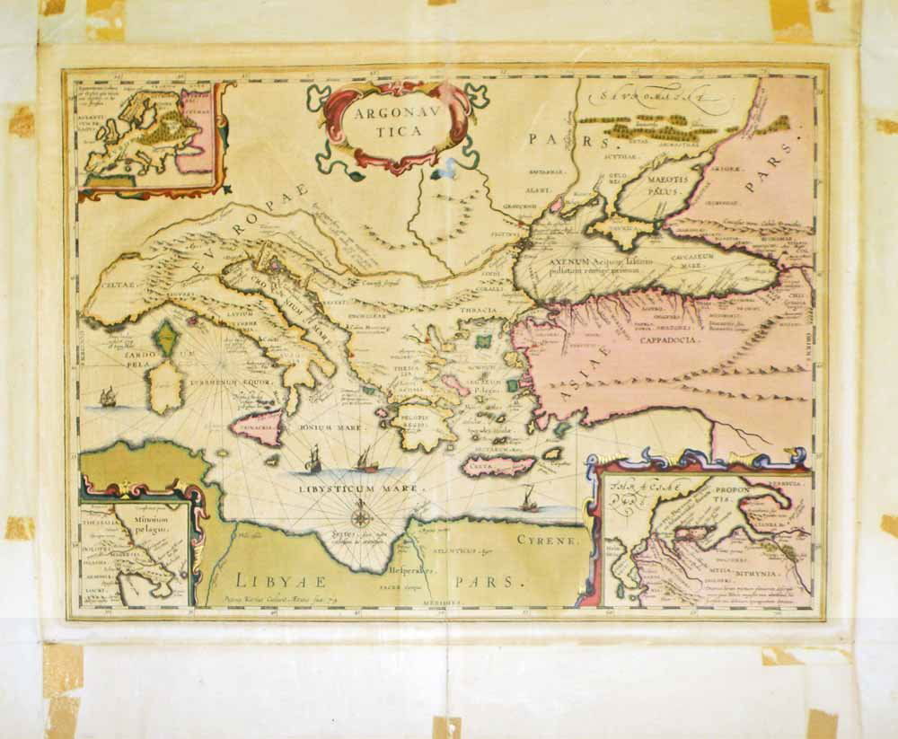 17 CENTURY MAP OF THE MEDITERRANIAN: Hand colored by Petrus Kaerius (1571-c.1646). Map C. 1620. On laid rag paper. The map comes out of a book about the voyages of the Argonauts. Edges are folded, probably from being framed at some point