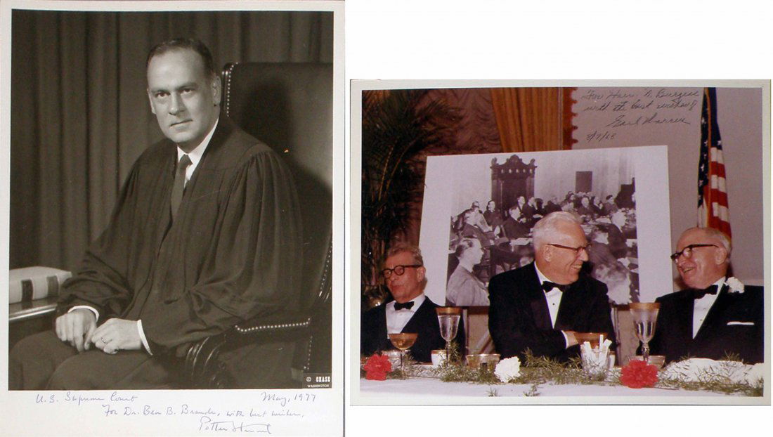 TWO SUPREME COURT JUSTICES AUTOGRAPHED PHOTOS: One is from Earl Warren, dated August 7, 1968. The other is Potter Stuart, dated May, 1977. Size: 8" x 10"