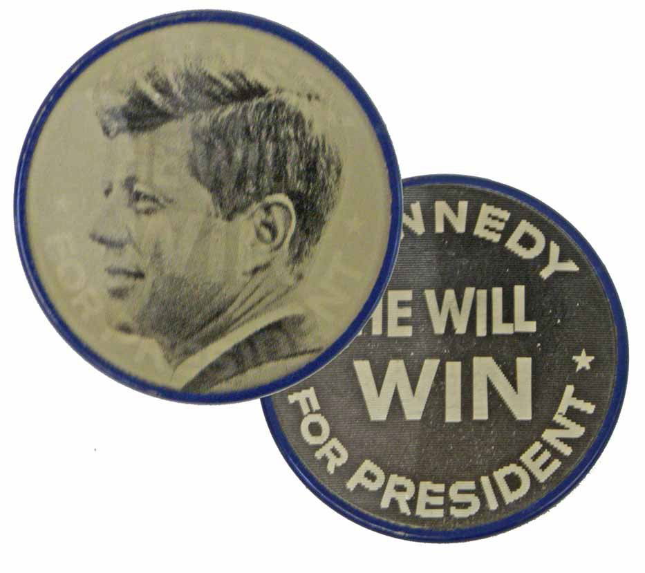 1960 KENNEDY FLICKER BUTTON: Back of button marked automatic amusement. Front has image that changes from picture of JFK to Kennedy he will win for President. Size: 2 1/2" diameter