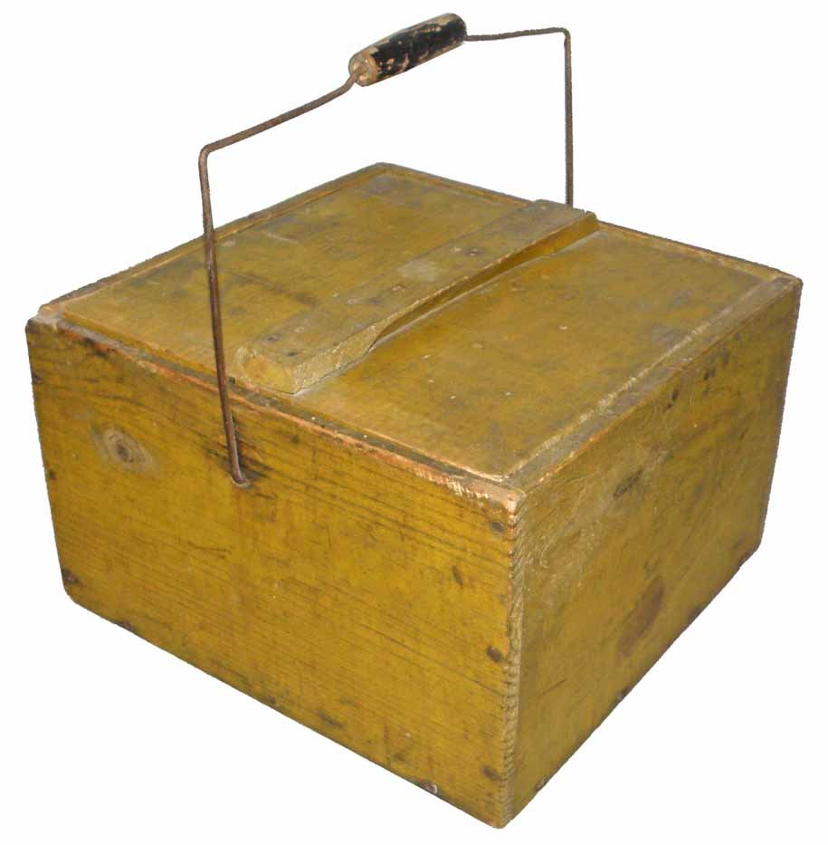NICE WOOD EGG CARRYING BASKET: In original mustard paint. Some paint wear. Size: 13" x 12 3/4"