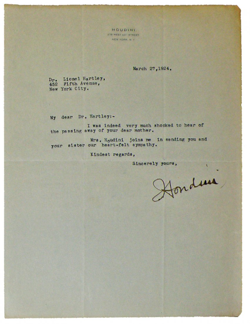 TLS BY HARRY HOUDINI: Written on his personal letterhead. Dated March 27, 1924. A letter of condolence to Dr. Lionel Heartly. Signature is strong and bold. Fold lines as mailed. Size: 8 1/2" x 11" PLEASE NOTE: Images for 3