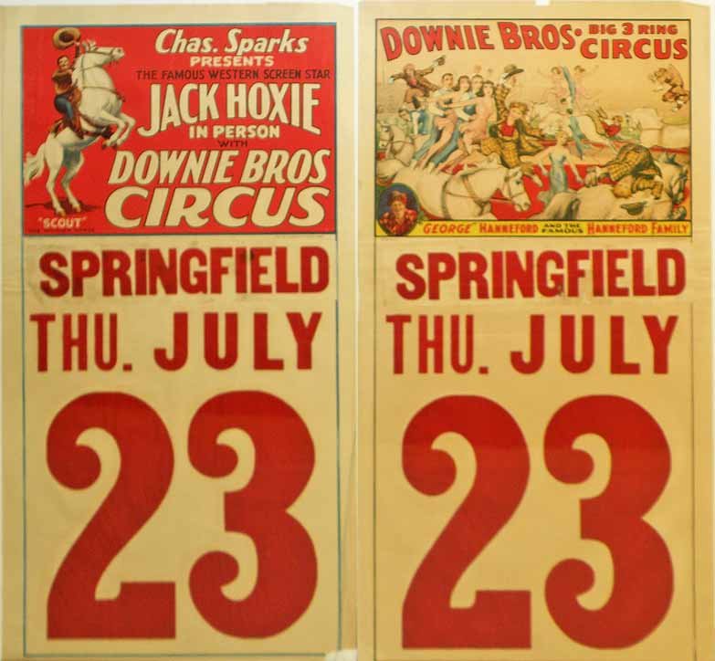 TWO DOWNIE BROTHERS CIRCUS POSTERS: Pair of 1930s colorful posters by Erie Litho & Printing. One features the Hanneford Family, and the second features Jack Hoxie western screen star. Some light edge wear. Size: 28" x 14"