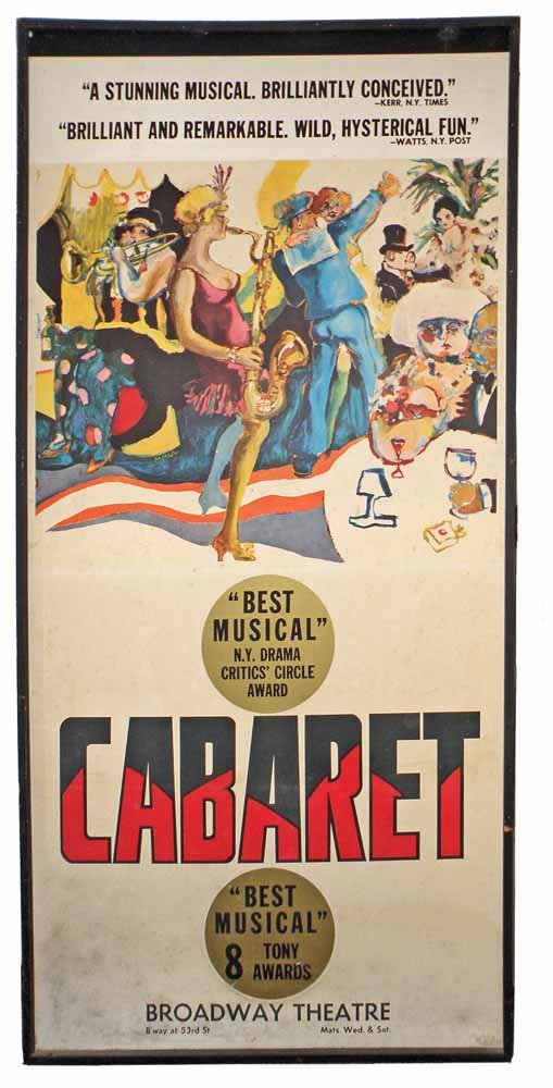 NEW YORK BROADWAY THEATER "CABARET" PLAYBILL: In original frame. Artwork by Morrow. Some surface wear and discoloration. Size: 84" x 42"