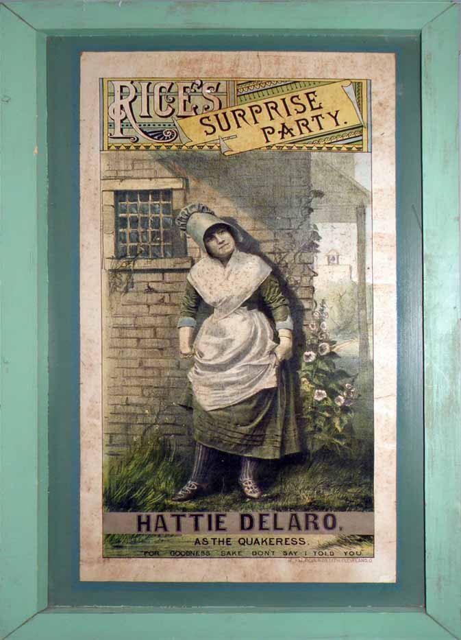RICE'S SURPRISE PARTY PLAY BILL: Printed by W.J. Morgan & Co., Cleveland. Poster is mounted to masonite and originally came from William Mangle's Museum of American Entertainment on Coney Island. Some discoloration to surface. Size: 
