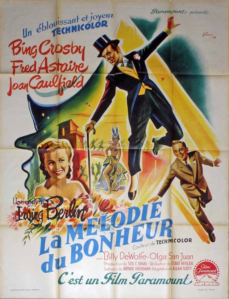 BLUE SKIES MOVIE POSTER: Unmounted French quad-sheet size. Beautiful colors and lithography. Some minor separations at fold lines. Size: 63" x 47 1/2"